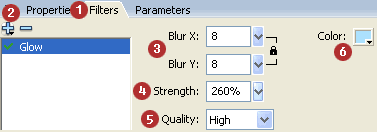 The glow filter and its options in Flash.