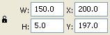 The dimensions and stage coordinates for an object in the Properties panel.
