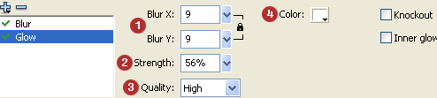 Setting the options for the Glow filter in Adobe Flash.