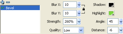The Bevel filter settings in Adobe Flash.