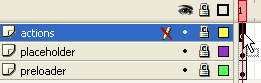 Selecting the first keyframe of the ActionScript layer in Adobe Flash.