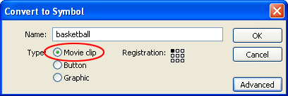 The creation of a movieclip symbol in Flash CS3.