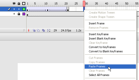 Pasting a copied keyframe into a new frame.